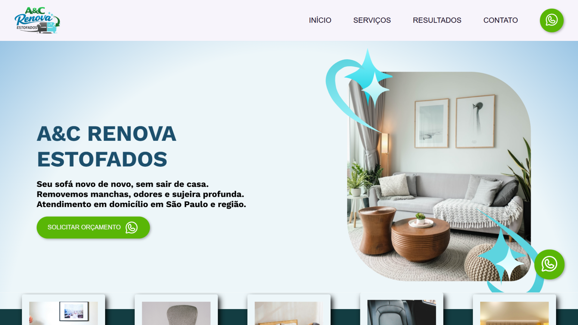 página inicial de um site para um negócio de renovação de estofados